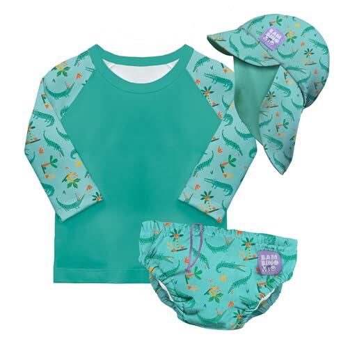 Bambino Mio Conjunto de pañales de natación reutilizables para bebé y niño pequeño unisex (1-2 años) COCODRILO ASTUTO, protección UPF 40+ | pañales de baño, camiseta y gorro de baño