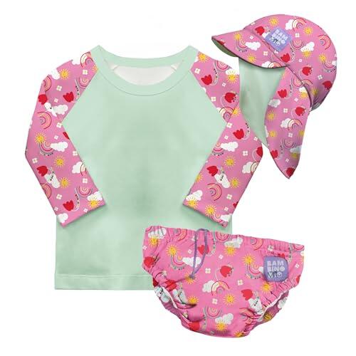 Bambino Mio Conjunto de pañales de natación reutilizables para bebé y niño pequeño unisex (6-12 meses) DÍAS FELICES, protección UPF 40+ | pañales de baño, camiseta y gorro de baño