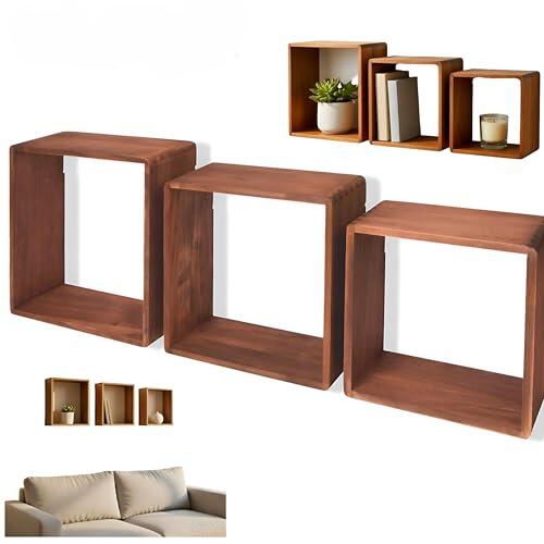 Cinco Diamantes Juego de 3 Cubos Estantes de Pared Set de 3 Cubos Flotantes de Álamo 22,5/25,5/28,5 cm Estanterías Cuadradas para Decoración Libros Plantas y Objetos Organizadores de Pared (Marron)