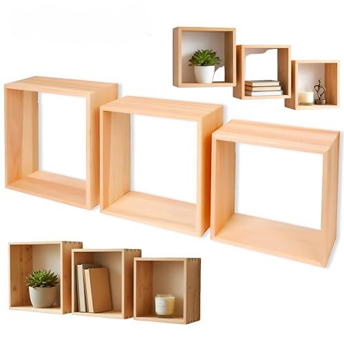 Juego de 3 Cubos Estantes de Pared Set de 3 Cubos Flotantes de Álamo 22,5 / 25,5 / 28,5 cm Estanterías Cuadradas para Decoración Libros Plantas y Objetos Organizadores de Pared (Madera Natural)