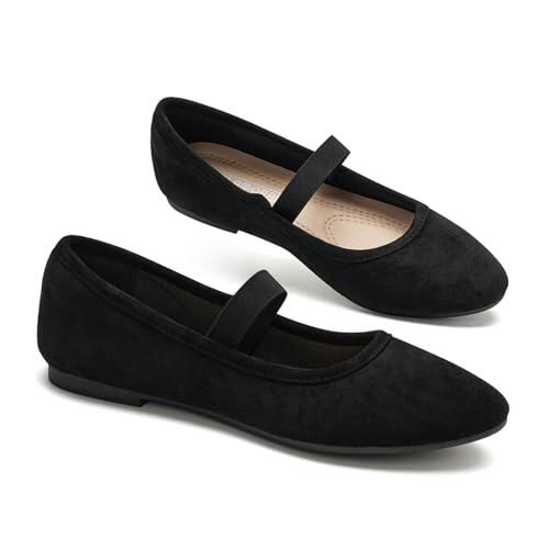 GLAMORA Merceditas Mujer Bailarinas Manoletinas Mary Jane Ante Sintético Tira Elástica Zapatos Planos Flexibles Antideslizantes Transpirables Plantilla Acolchada Suela Goma black-39