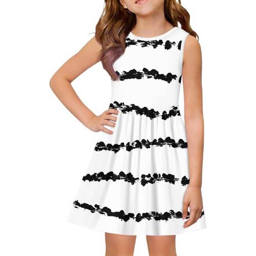 Mjjsk Vestidos de verano para niñas, casual, sin mangas, acampanado, cuello redondo, a la moda, para playa, patinadora, vestido ligero acampanado, blanco, 12-13 años