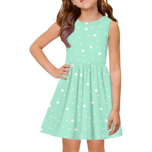 Mjjsk Vestidos de verano para niñas, casual, sin mangas, acampanado, cuello redondo, elegante, para vacaciones, patinadora, vestido ligero, A-2-green, 7-8 años
