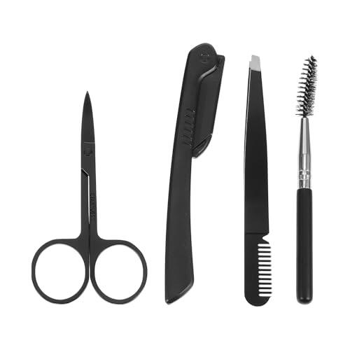 MAGICLULU Kit de Tijeras para Cejas de Acero Inoxidable Negro con Pinzas y Cepillo, 4 Piezas para Recortar y Moldear, Herramienta de Cuidado Facial Profesional para Mujer