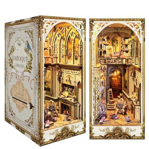Kit de rincón de libro de bricolaje, diorama de sujetalibros con LED, rompecabezas de madera 3D, kits de casa en miniatura, decoración de inserción de estantería, rincón de libros, manualidades