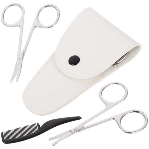 DIYEAH Juego de 4 Tijeras para Barba y Bigote en Acero Inoxidable, Tijeras para Recortar Nariz Estuche de Piel Clara y Peine Pequeño, Kit Portátil para Cuidado Masculino Profesional