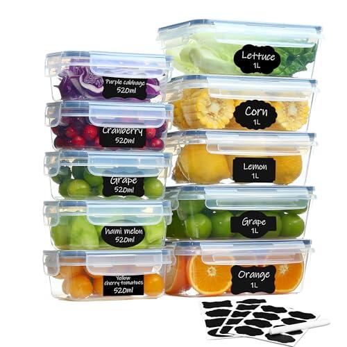 Goldeluxe 10 recipientes herméticos con tapa (5 x 1 L + 5 x 520 ml), cajas para congelación y preparación de alimentos, sin BPA, herméticos, apilables