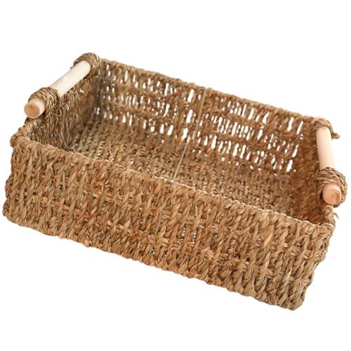 NIYANGLE Cesta de Almacenamiento Rectangular de Paja Asa de Madera para Baño y Escritorio, Adecuado para Cosméticos y Artículos Varios, 29X29X9 CM