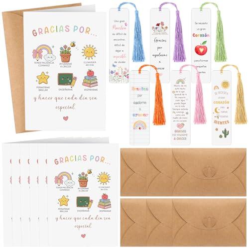 Tenare 6 Sets Regalos para Maestra Graduación en Español 6 Marcapáginas Profesor 6 Tarjetas de Regalo Profesor y 6 Sobres para Agradecimiento Maestro Cumpleaños Fin de Curso Jubilación
