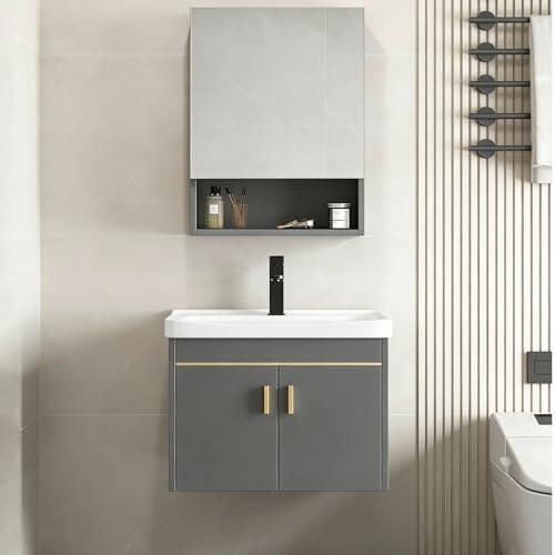Mueble de Baño Suspendido con Lavabo de Cerámica y Espejo con Armario, Conjunto de Mueble de Baño Moderno con Grifo Negro, Armario de Baño con Almacenamiento para Lavabo