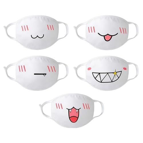 LUDHEP Mascarilla de algodón reutilizable, 5 Piezas, Reutilizable Cosplay Manga Cartoon Divertidas, antipolvo, con divertido patrón, lavable, para actividades al aire libre, Escuela, Fiesta