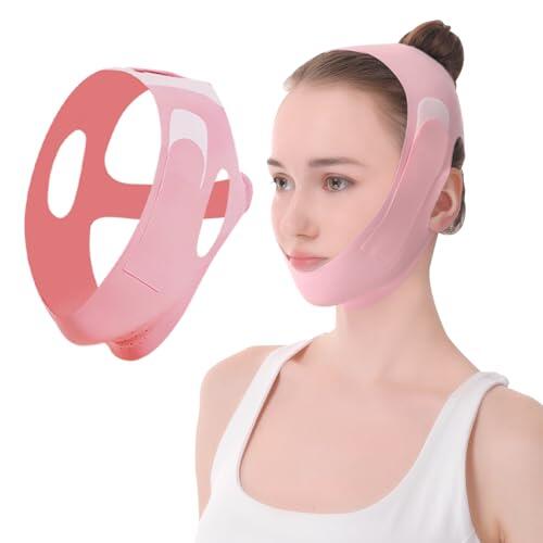 Mascarilla V-Line Mentón,Versión Mejorada Ice-Cool,Reductor de Papada Reutilizable para Dormir,Banda Lifting Facial en V para Definir Mandíbula y Reafirmar Rostro,Rosa