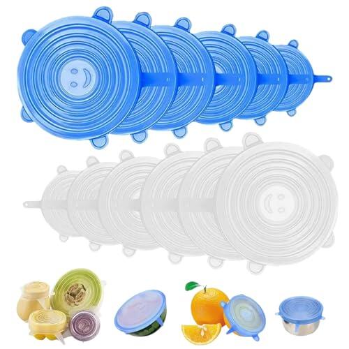 PacuM 12 Piezas Tapas Silicona Ajustables Cocina Tapas Elásticas de Silicona Reutilizable 6 Tamaños Diferentes Resistentes Al Calor para Frascos, Cuencos, Tazas, Botellas, Latas (Azul+Blanco)