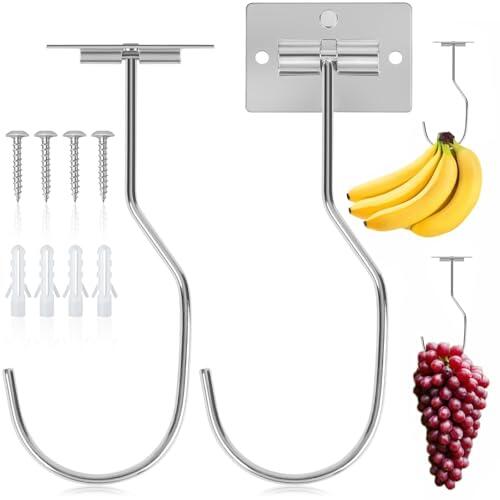 FAYAHAR 2 Piezas Gancho para Plátanos, Gancho de Metal para Colgar Plátanos con Adhesivo y Tornillos, Plegable, Mantenido Fresco, para Utensilios de Cocina y Organización (Plateado)