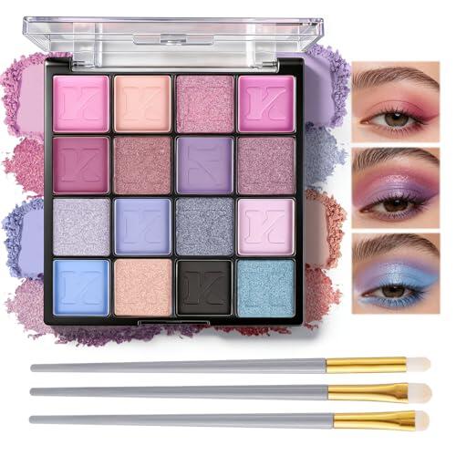 Prreal Paleta de sombras de ojos de 16 colores, sombra de ojos azul con purpurina mate, polvo de sombra de ojos altamente pigmentada con pinceles para fiestas, conciertos, festivales, maquillaje de