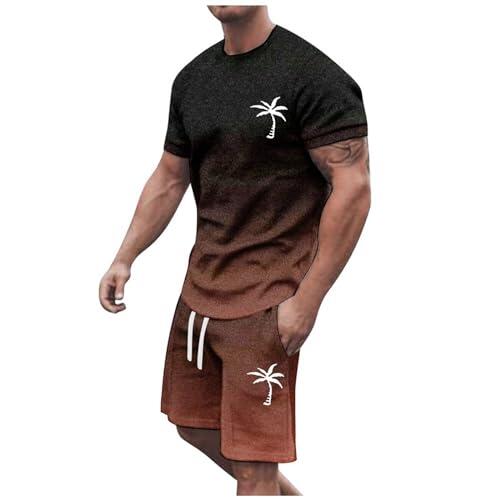 Generisch Chándal de verano para hombre, talla grande, manga corta, cuello redondo, traje deportivo, casual, bloque de color, cintura con cordón, rojo, XL