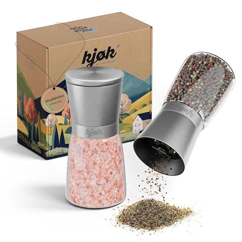 kjøk Premium Juego molinillos sal y pimienta manual, acero inoxidable y vidrio - 2 piezas Molinillo especias con mecanismo de molienda de cerámica ajustable - sin contenido