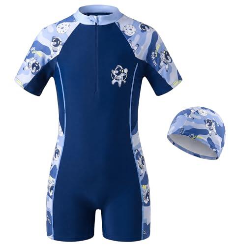 Tokeya Ninos Bañador de Una Pieza con Gorro, Traje de Baño Manga Corta con Cremallera, Infantil 2 Piezas Ropa de Natación Secado Rápido Cómodo Verano para Playa Piscina 8-9 Años, Azul Marino