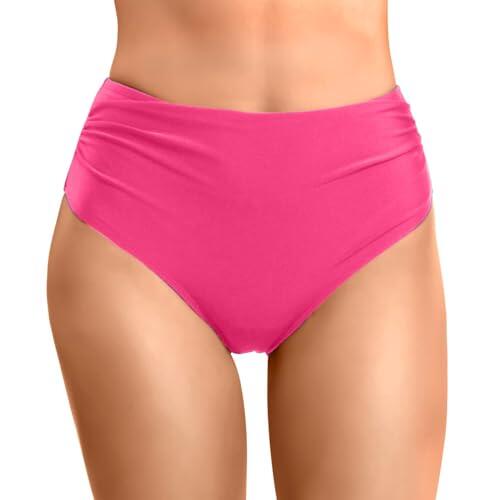 Braguita Bikini Mujer Slip Cintura Alta Deportivos Bragas Bikini Reductora Abdomen Drapeado Playa Parte de Abajo de Bikinis para Mujer Tropical Piscina Slip de Baño Verano Natacion (Rosa Caliente, S)
