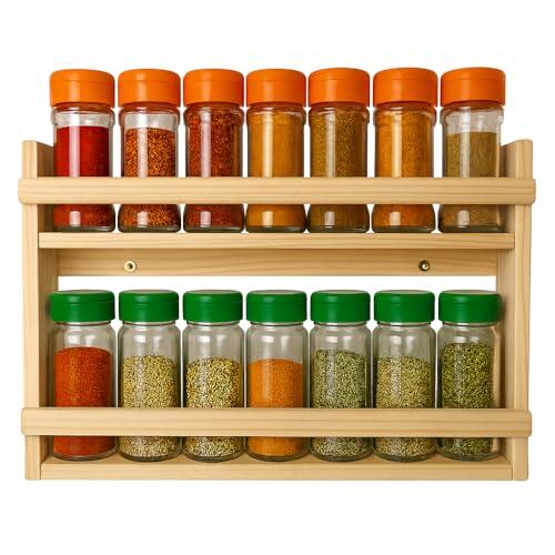 mimezo Especiero de Madera para Pared – 2 Niveles para 14 Botes estándar – Pino Macizo, Hecho a Mano – Incluye kit the montaje