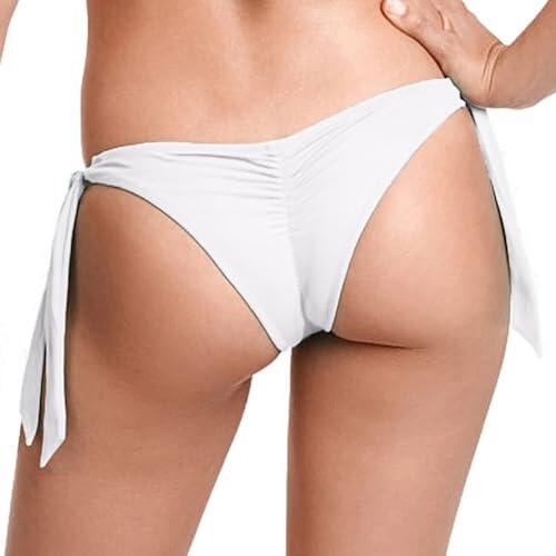 Braguita Bikini Mujer Tanga Brasileña Talle bajo Drapeado Natacion Bragas Bikini con Lazos Deportivos Parte de Abajo de Bikinis para Mujer Sólido Playa Slip de Baño Verano Piscina (Blanco, M)