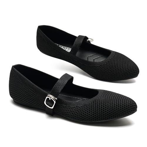 GLAMORA Bailarinas Mujer Merceditas Punto Correa Hebilla Cierre Rápido Zapatos Planos Cómodos Plantilla Acolchada Tejido Transpirable Verano Ligero Diario Ajustable black-38