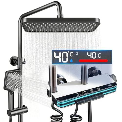 TEKXDD Columna Ducha Termostatica con Pantalla Digital LED, 4 Modos Ducha de Mano Duchas de Baño Columna- Cabezal Cuadrado, Rociador auxiliar y Grifo Cascada y Altura Ajustable Duchas de Baño