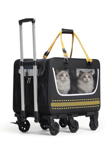 Transportín para 2 Gatos con 6 Ruedas, Separador extraíble, hasta 20kg | Doble compartimento 2 en 1 | Ruedas todoterreno 10cm | Altura libre 13cm | Sistema de amortiguación | Tejido Oxford 600D