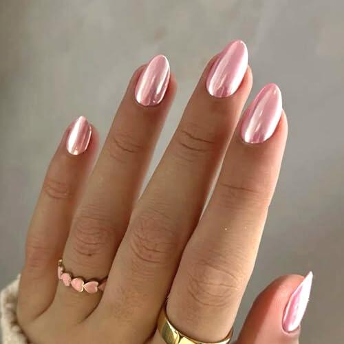 Ceboic 24 Piezas Rosa Cromado Press on Nails, Francesas Uñas Postizas Cortas, Color Sólido Brillantes Acrílicas Uñas Falsas, Naturales Removibles Cubierta Completa Uñas Adhesivas para Mujeres Niñas
