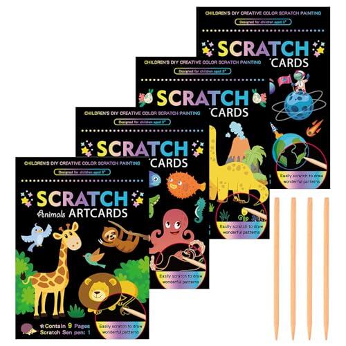 Set 4 Blocs Dibujos Para Rascar Para Niños, Papel Mágico Arcoíris Para Rascar, Libro Para Rascar Con Temas Dinosaurios, Espacio, Océanos y Animales, Con Lápiz Madera, Ideal Para Relajarse y Decorar
