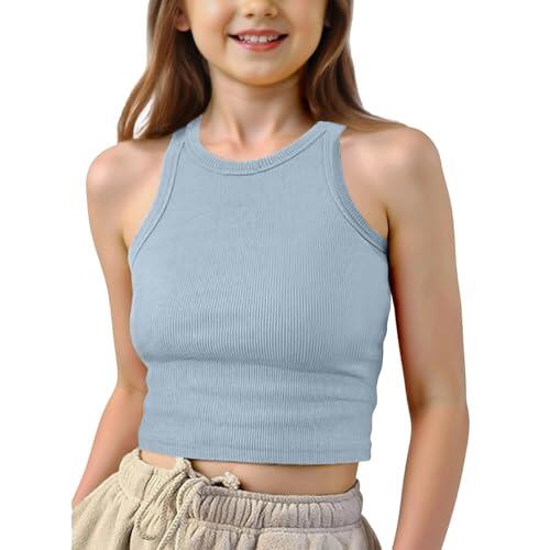Chaleco deportivo sin mangas para niñas, cuello redondo, liso, corto, para adolescentes, yoga, baile, gimnasio, verano, casual, a la moda, azul celeste, 9-10 años