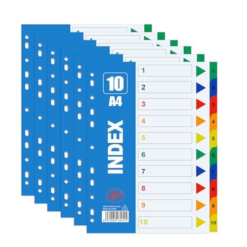 AMFUN Juego de 6 Separadores para Carpetas A4, 10 Divisiones con de Plástico de Colores, Resistentes, para Archivadores y Organización Escolar y Oficina