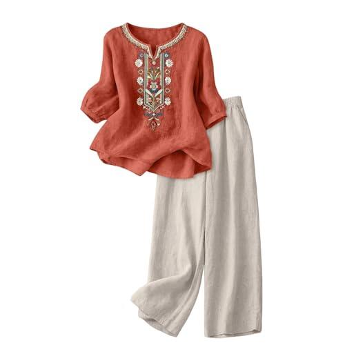 riou Conjunto Mujer Verano 2 Piezas Original Moda Algodon y Lino Traje de Primavera Ligero Chándal Blusa Manga 3/4 Pantalones Ropa de Playa Vacaciones Deportivo Casa Trabajo M-3XL