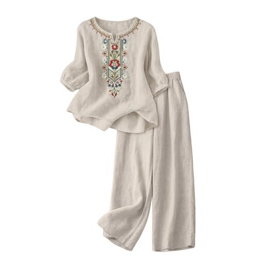 riou Conjunto Mujer Verano 2 Piezas Original Moda Algodon y Lino Traje de Primavera Ligero Chándal Blusa Manga 3/4 Pantalones Ropa de Playa Vacaciones Deportivo Casa Trabajo M-3XL