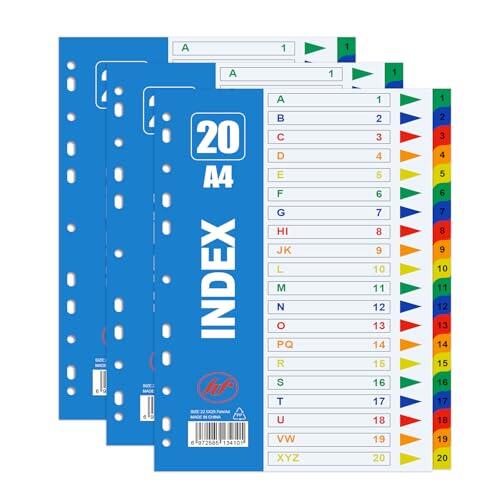 AMFUN Juego de 3 Separadores para Carpetas A4, 20 Divisiones con de Plástico de Colores, Resistentes, para Archivadores y Organización Escolar y Oficina