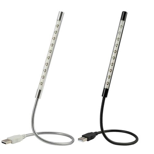 2 Piezas Lámpara USB Lectura, Luz LED USB Regulable para Portátil y PC, Luz de Lectura USB con Interruptor Táctil, 10 LEDs Sin Parpadeo, Cuello de Cisne Flexible 360°, Iluminación para Teclado, Cama