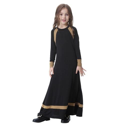 Vestidos Eid para niñas, vestido elegante e informal para adolescentes, estilo étnico, manga larga, color liso, uso diario para edades de 3 a 13 años, 01#_Negro, 8-9 años