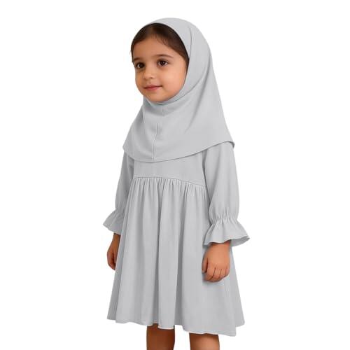 Conjunto de abaya musulmana y pañuelo para la cabeza para niñas, bata de color puro con hiyab, manga larga, traje tradicional de oración para niños, 01#_Gris, 5-6 años