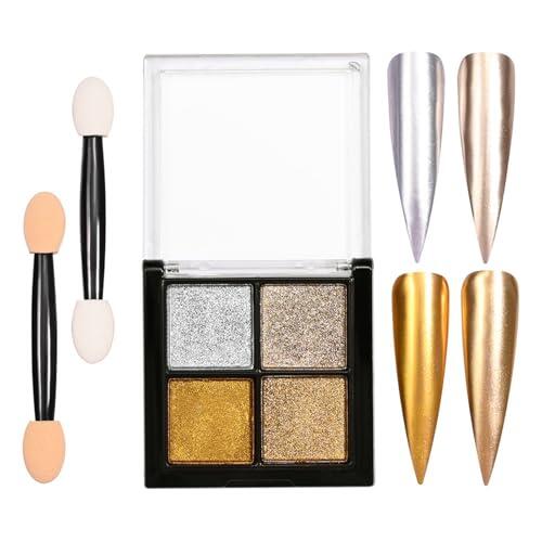 PYRUVAE 4 colores Cajas Efecto Espejo Uñas Polvo, Polvo de Uñas de Cromo, Efecto Espejo Uña-s Dorado, Pol-vo Uñ-as Efec-to Perlado, para Decoración de Uñ-as Manicura Nail Art