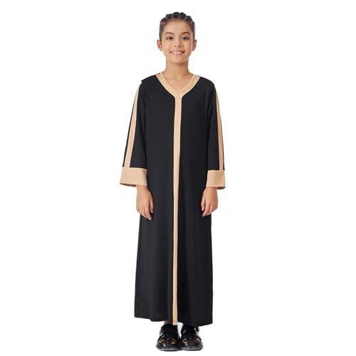 Eid Ropa para niñas, estilo del sudeste asiático, vestido para niñas, cuello de bloque de color, casual, fiesta, fluido, elegante, cómodo, uso diario, 01#_Negro, 7-8 años