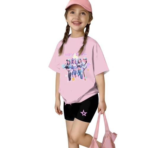 KPOP Conjunto de 2 Piezas para niñas, Verano Camiseta de Manga Cortas con Estampado K-Pop Y2k y Pantalones Cortos Moda Anime con Estampada de Demon música 2-14 Años Rosa 120