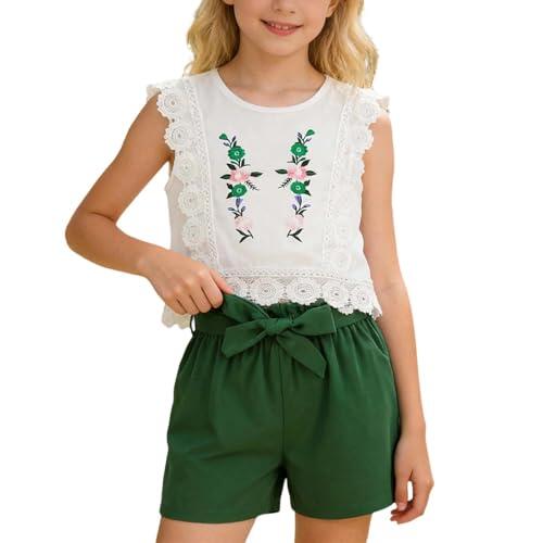 Vuncio Conjunto Dos Piezas Niña Verano Comodos Y Elegantes Traje De Top Y Pantalón Corto Niña Colegio Holgados Comodo Otoño Primavera Baggy Ceremonia Fiesta Casual (Green, 10-11 años)
