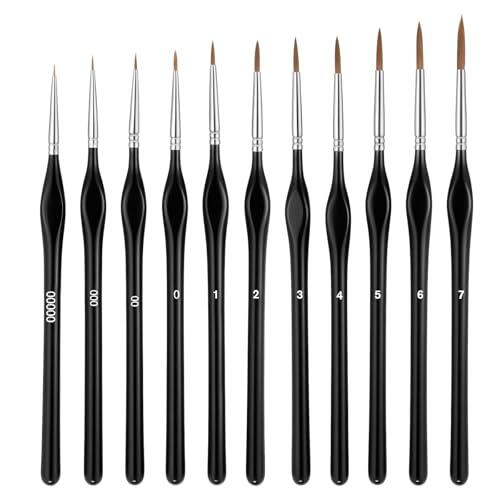 SULIKJHUI 11 pinceles finos para trabajos de precisión, modelismo, con mango de madera y cerdas de nailon, punta de precisión para acrílico, acuarela y pintura al óleo (negro)