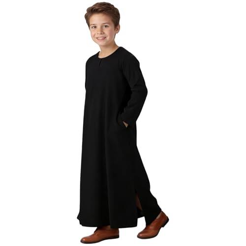 Jubba Thobe - Bata formal de manga larga para niños con aberturas laterales y bolsillos para celebraciones de Ramadán de 5 a 14 años, 01#_Negro, 11-12 años