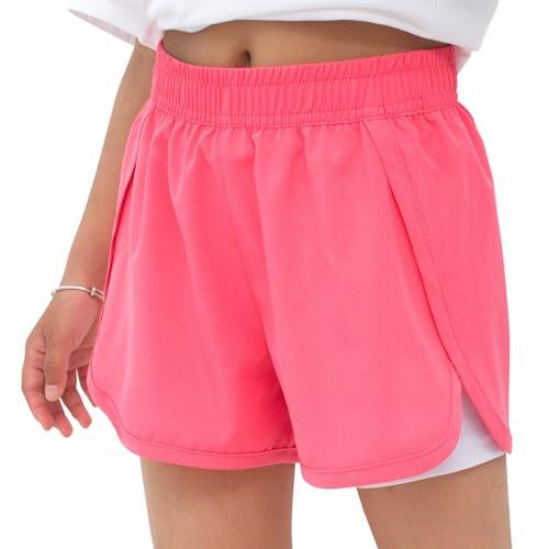 MEILONGER Bañador para niña 2 en 1, bañador para niños, corto, ligero, informal, traje de baño con pantalones interiores de compresión, cordón ajustable, 25002 Pink, 146-152
