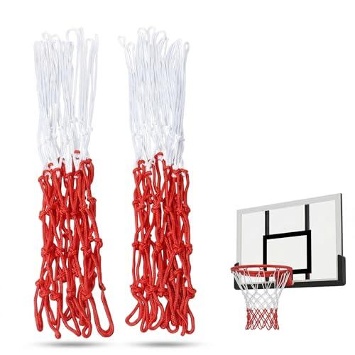BCHMN Pack de 2 Redes de Baloncesto, Malla de Baloncesto Resistente Roja y Blanca, Repuesto de Red para Canasta de Exterior e Interior, Poliéster Duradero para Aro Estándar