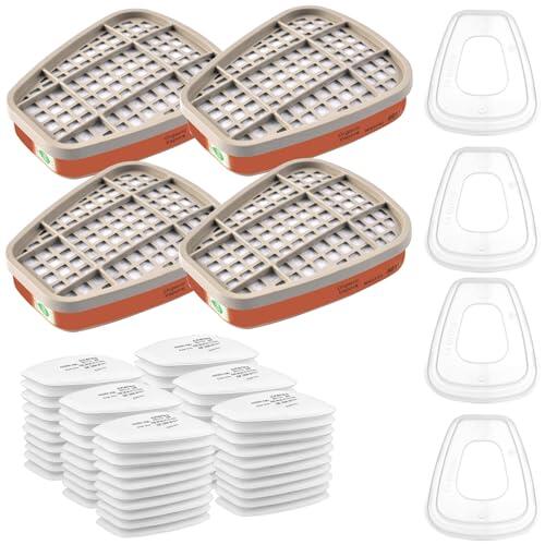 6001 Filtros de Respirador, 60 Filtros + 4 Cartuchos y 4 Cubiertas, Compatible con 6100/6200/7501/7502, para Pintura, Soldadura y Fitosanitarios
