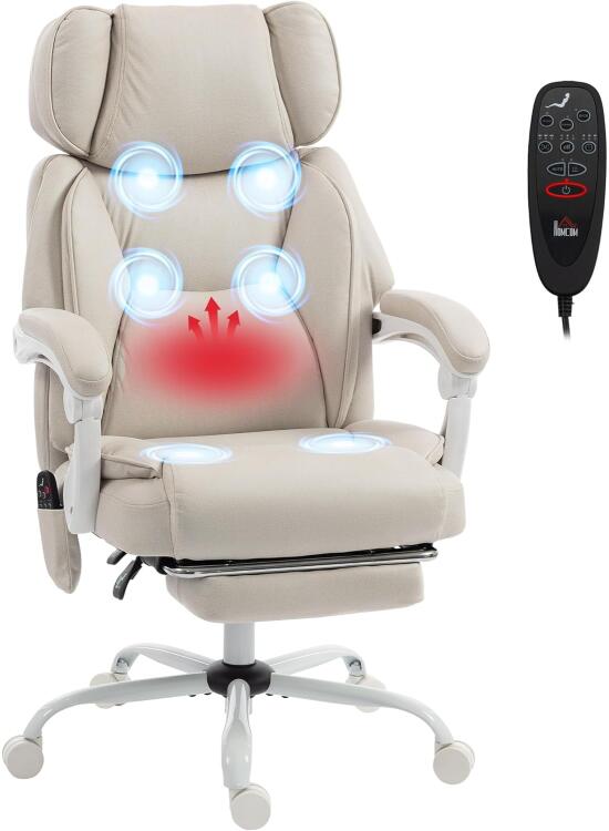 HOMCOM Silla de Oficina con Masaje Vibratorio de 6 Puntos y Calor Lumbar, Silla de Escritorio Reclinable con Reposacabezas Ajustable, Respaldo Alto, Altura Ajustable, Reposapiés, Crema