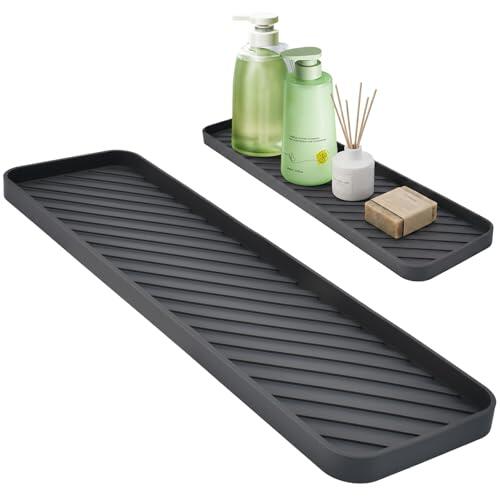 Alfombrilla Escurreplatos de Silicona Gris 40x11x1.5cm 3mm Grueso Protector Fregadero Cocina Alfombrilla de Drenaje para Grifo Encimera Organizador de Baño y Cocina, Matiene Seco y Antideslizante