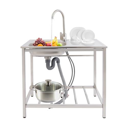 1 lavabo 75x40x78cm fregadero independiente para exteriores, lavabo de acero inoxidable con banco de trabajo y estante de almacenamiento, grifos de agua fría y caliente, capacidad de carga de 40kg